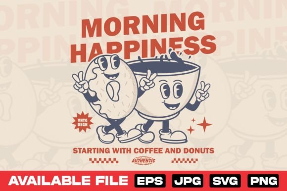 Charming Retro Coffee and Donut Character Design for Modern Merch